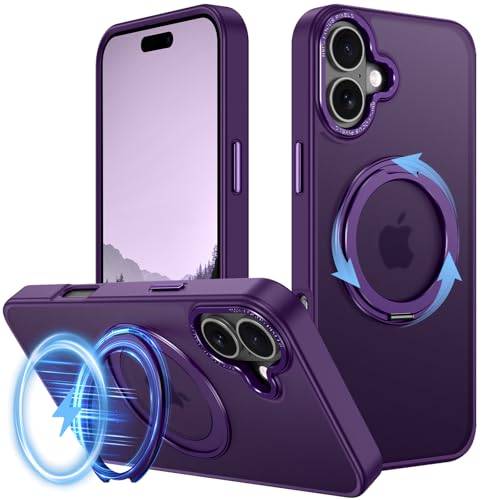 v-Golvin Starke magnetische Schutzhülle für iPhone 16 Plus mit Ständer, passend für MagSafe, um 360 ° drehbares Ringdesign, durchscheinende, matte Textur, militärische Qualität, stoßfest, Violett von v-Golvin