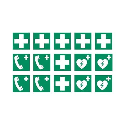 15 Aufkleber Mix: 7x Erste Hilfe 4x Notruftelefon 4x Defibrillator - ø 9,8 cm - UV- und witterungsbeständig - ISO 7010 - nachhaltig - Gebotszeichen Schild Ersthelfer Verbandskasten (9,8, Mix) von vamani