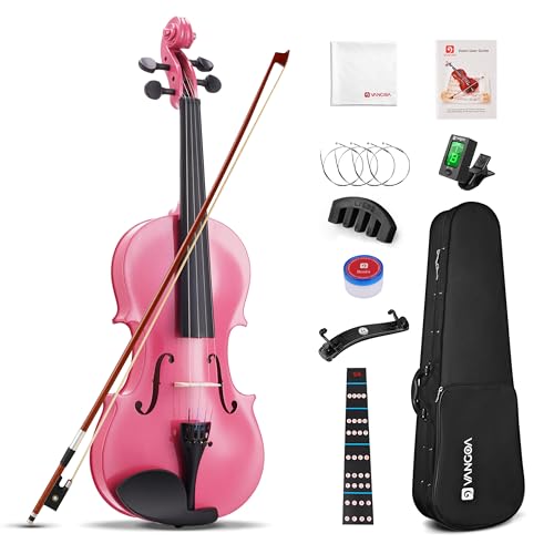 Vangoa 1/4 Violine Akustische Geige Violin Viertel Größe für Kinder Anfänger Studenten mit Geigenkoffer, Kolophonium, Schulterstütze, Stimmgerät, Saiten, Geigenbogen, Griffbrettaufkleber, Rosa von vangoa