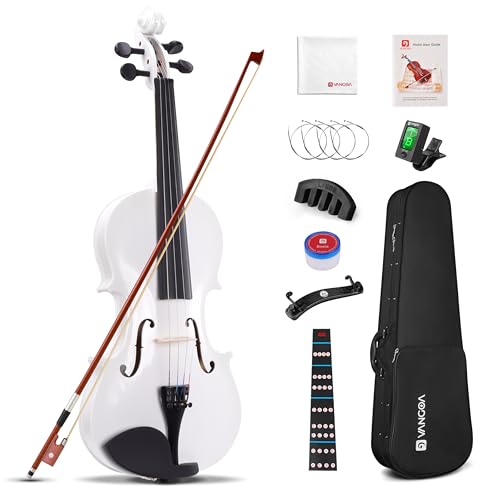 Vangoa 4/4 Violine Erwachsene Akustische Geige Violin Anfänger Set für Studenten Starter mit Geigenkoffer, Kolophonium, Schulterstütze, Stimmgerät, Saiten, Geigenbogen, Griffbrettaufkleber, Weiß von vangoa