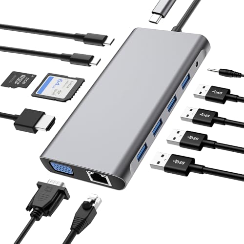 USB C HUB 12 in 1, Docking Station Adapter mit 4K-HDMI, VGA, RJ45 Ethernet, USB3.0, USB C 3.0&2.0, PD 100W, SD/TF & 3.5mm AUX, Kompatibel mit MacBook Pro & Andere Laptops von varkda