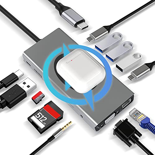 USB C HUB 13 in 1 mit kabellosem Laden, Docking Station Adapter mit 4K-HDMI, VGA, RJ45 Ethernet, 2×USB3.0, USB C 3.0&2.0, PD 100W, SD/TF & 3.5mm AUX, Kompatibel mit MacBook Pro & Andere Laptops von varkda