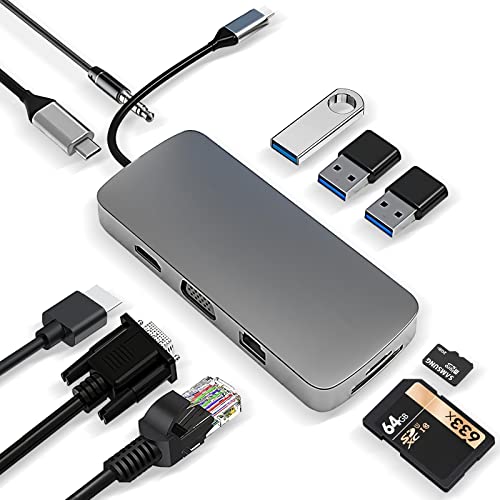 USB C Hub, 10 in 1 USB C Adapter mit 4K HDMI, VGA, 100 W PD, USB 3.0, RJ45 Ethernet, SD/TF, 3,5 mm AUX, kompatibel mit MacBook Pro/Air USB C Laptops und mehr Typ-C von varkda