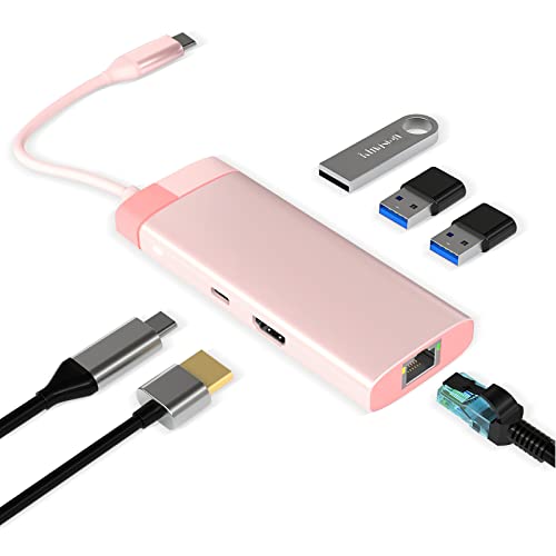 USB C Hub, USB C Adapter 6 in 1 mit Gigabit RJ45 Ethernet, 3×USB 3.0, 4K HDMI und 100W PD, Dockingstation Kompatibel mit MacBook Pro & Air USB C Laptops und Anderen Typ C Geräten-Rosa von varkda