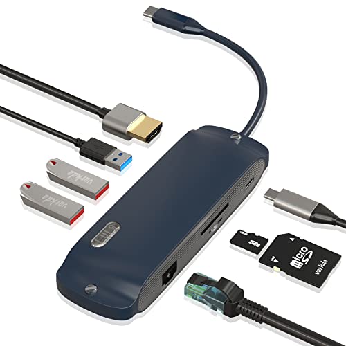 USB C Hub,USB C Adapter 8in1 Marineblauer Mundharmonika-Stil,mit Gigabit RJ45 Ethernet,3×USB,4K HDMI,100W PD und SD/TF, Dockingstation Kompatibel mit MacBook Pro & Air USB C Laptops von varkda