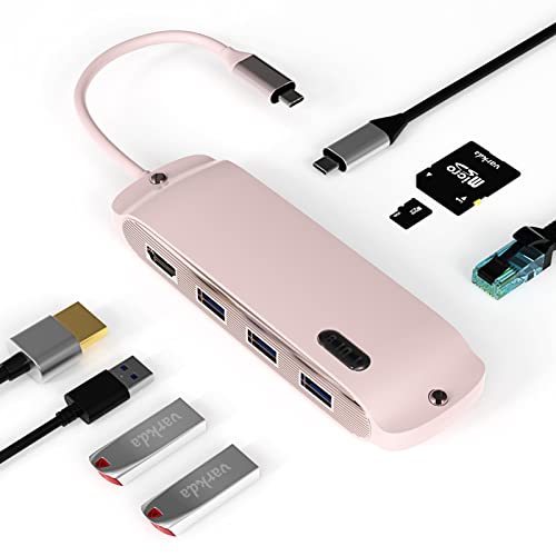 USB C Hub,USB C Adapter 8in1 Rosa Mundharmonika,mit Gigabit RJ45 Ethernet,3×USB,4K HDMI,100W PD und SD/TF, Dockingstation Kompatibel mit MacBook Pro & Air USB C Laptops und Anderen Typ C Geräten von varkda