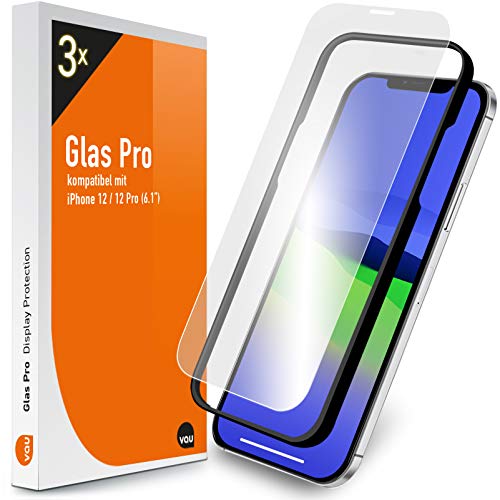 vau Glas Pro kompatibel mit iPhone 12/12 Pro (6.1) Folie Displayschutz 3 Stück mit Schablone von vau