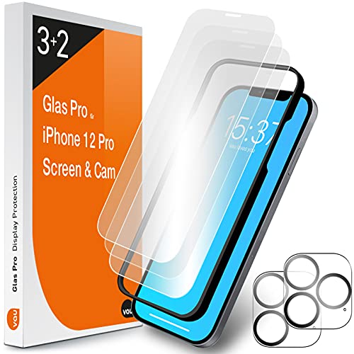 vau Glas Pro kompatibel mit iPhone 12 Pro (6.1) Glas-Folie Displayschutz 3 Stück mit Schablone + 2 x Kamera Schutzglas von vau