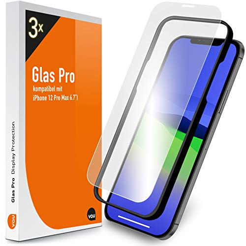 vau Glas Pro kompatibel mit iPhone 12 Pro Max (6.7) Folie Displayschutz 3 Stück mit Schablone von vau