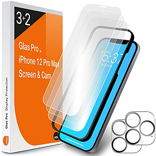 vau Glas Pro kompatibel mit iPhone 12 Pro Max (6.7) Glas-Folie Displayschutz 3 Stück mit Schablone + 2 x Kamera Schutzglas von vau