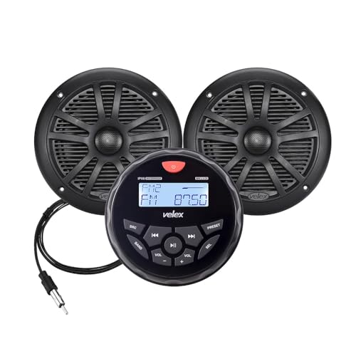 Wasserdicht Bluetooth Marine Stereo 2 x 6.5 Inch Shwarz Lautsprecher -Empfänger mit DAB+/AM/FM Radio Streaming Musik auf Booten Golf Carts ATV UTV und Spa (DAB+) von velex