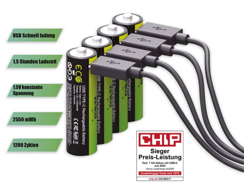 VERICO Li-Ion-Akku Loop Energy AA, mit USB-C Buchse, 4er Pack von verico