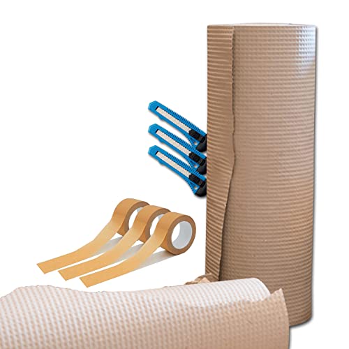 verpacking Polsterpapier 130 g/m² || ERSATZ FÜR LUFTPOLSTERFOLIE 30 cm x 70 m || + 3 Cuttermesser & 3 Rollen Papierklebeband von verpacking