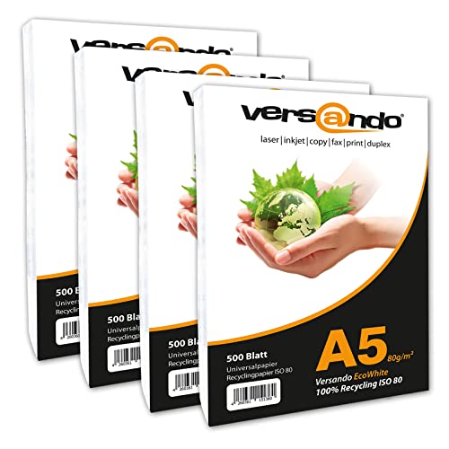 versando 10.000 Blatt Recyclingpapier DIN A5 EcoWhite 80g Kopierpapier Druckerpapier Öko Umweltpapier (148 x 210 mm) 2 Kartons von versando