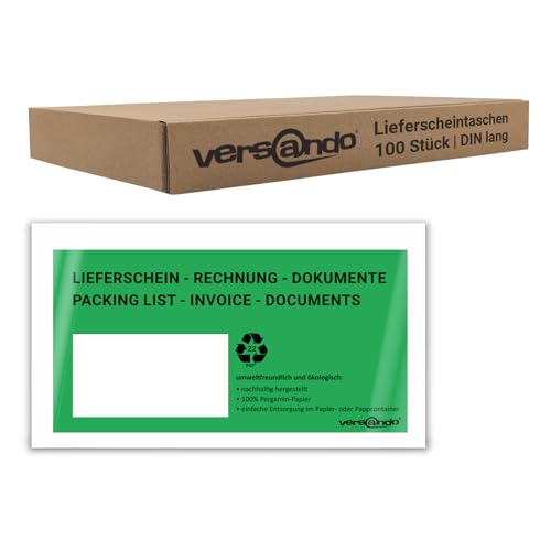 versando 100 ökologische Lieferscheintaschen DIN lang selbstklebend 100% Pergamin Papier folienfrei grün/schwarz bedruckt: "Lieferschein/Rechnung" von versando