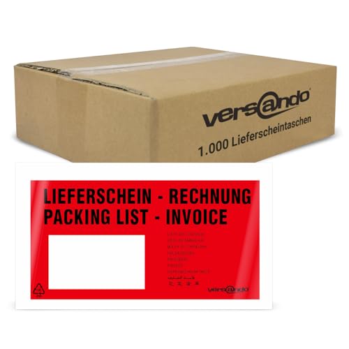 versando 1000 Lieferscheintaschen DIN lang selbstklebend Dokumententaschen Begleitpapiertaschen rot/schwarz bedruckt: "Lieferschein/Rechnung" von versando