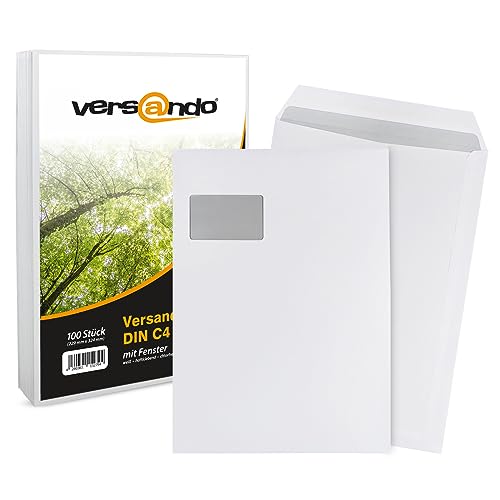 versando 100x C4 Versandtaschen mit Fenster Briefumschläge Fensterbriefumschläge weiß selbstklebend passend für DIN A4 von versando