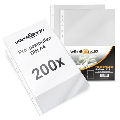 versando 200x A4 Prospekthüllen Business mit Heftrand Klarsichthüllen genarbt transparent 60my (2x 100 Stück) von versando