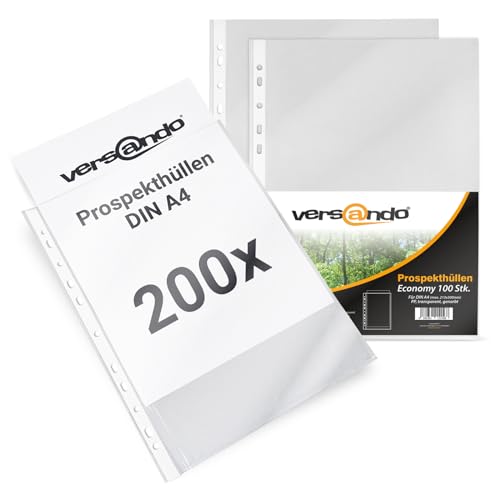 versando 200x A4 Prospekthüllen Economy mit Heftrand Klarsichthüllen genarbt transparent 45my (2x100 Stück) von versando