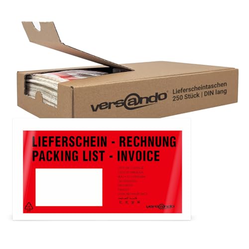 versando 250 Lieferscheintaschen DIN lang selbstklebend Dokumententaschen Begleitpapiertaschen rot/schwarz bedruckt: "Lieferschein/Rechnung" in Spenderbox von versando