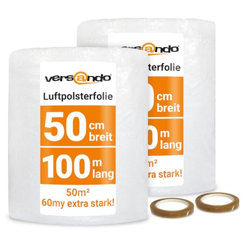versando 2x Premium Luftpolsterfolie extra stark 100m x 0,5m Versand, Verpackung, Umzug Noppenfolie Bubble Wrap LPF Rolle und versando Klebeband 19mm x 66m von versando