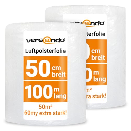 versando 2x Premium Luftpolsterfolie extra stark 100m x 0,5m Versand, Verpackung, Umzug Noppenfolie Bubble Wrap LPF Rolle von versando