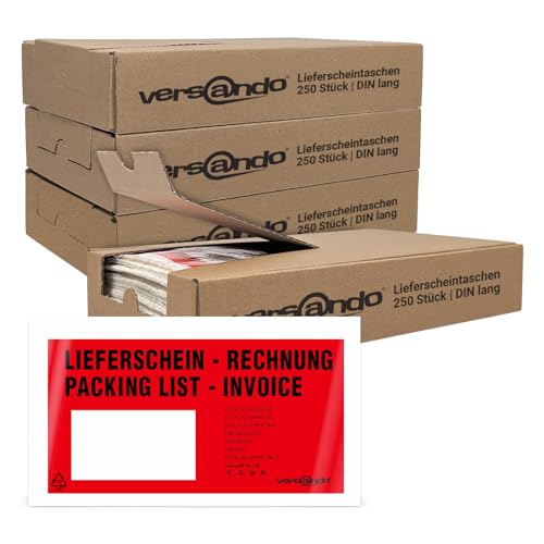 versando 4x 250 Lieferscheintaschen DIN lang selbstklebend Dokumententaschen Begleitpapiertaschen rot/schwarz bedruckt: "Lieferschein/Rechnung" in Spenderbox von versando
