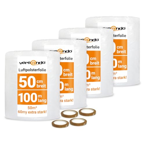 versando 4x Premium Luftpolsterfolie extra stark 100m x 0,5m Versand, Verpackung, Umzug Noppenfolie Bubble Wrap LPF Rolle und versando Klebeband 19mm x 66m von versando