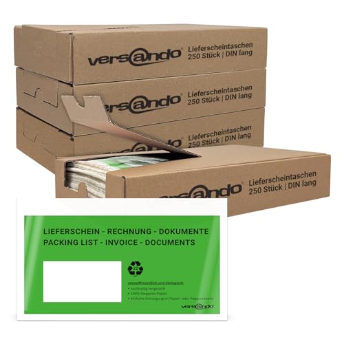 versando 4x250 ökologische Lieferscheintaschen DIN lang selbstklebend 100% Pergamin Papier folienfrei grün/schwarz bedruckt: "Lieferschein/Rechnung" in Spenderbox von versando