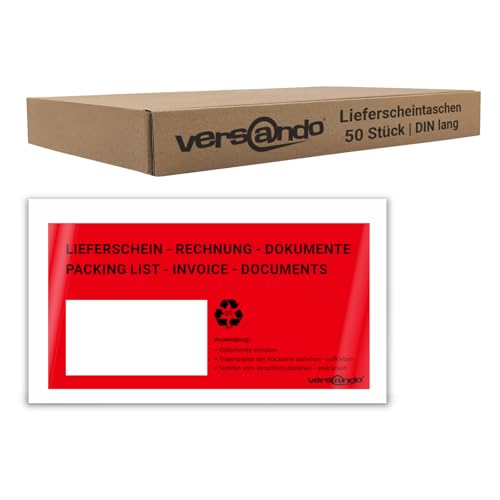 versando 50 Lieferscheintaschen DIN lang selbstklebend Dokumententaschen Begleitpapiertaschen rot/schwarz bedruckt: "Lieferschein/Rechnung" von versando