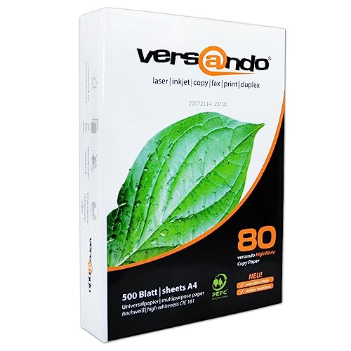 versando 500 Blatt Kopierpapier A4 HighWhite 80 Drucker-/Universalpapier 1x 500 Blatt PremiumWeiß CIE161 PEFC zertifiziert von versando