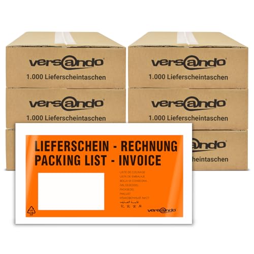 versando 6000 Lieferscheintaschen DIN lang selbstklebend Dokumententaschen Begleitpapiertaschen orange/schwarz bedruckt: "Lieferschein/Rechnung" von versando
