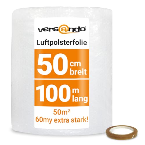 versando Premium Luftpolsterfolie extra stark 100m x 0,5m Versand, Verpackung, Umzug Noppenfolie Bubble Wrap LPF Rolle und versando Klebeband 19mm x 66m von versando