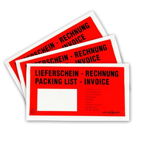 versando basics 1000 Lieferscheintaschen selbstklebend DIN lang rot/schwarz bedruckt: "Lieferschein/Rechnung" von versando