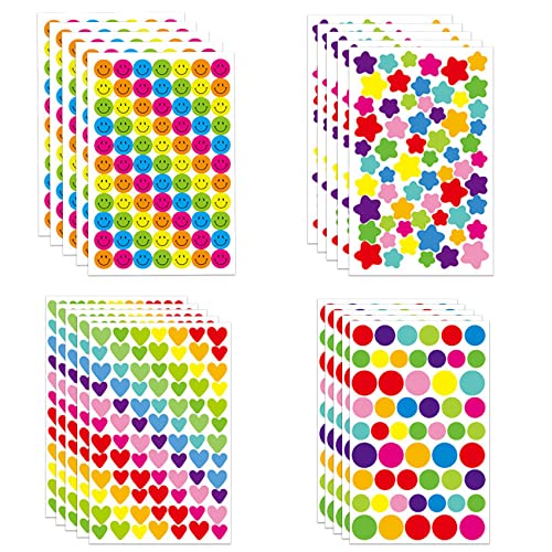 vgggrd Aufkleber [1375 Stück], Herzen Sticker, Smiley Sticker, Aufkleber Auto, Sternaufkleber, Runde Punktaufkleber, Wasserdicht Vinyl Stickers Decals für Geburtstag, Hochzeit, Valentinstag von vgggrd