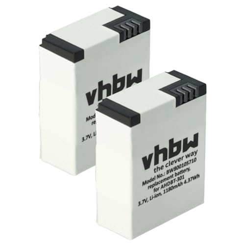 2 x vhbw Akku Set 1180mAh (3.7V) kompatibel mit GoPro Hero 3 III, 3 III CHDHX-301, 3+ III Plus Black, White, Silver, Edition Ersatz für AHDBT-201, AHDBT-301, AHDBT-302 von vhbw