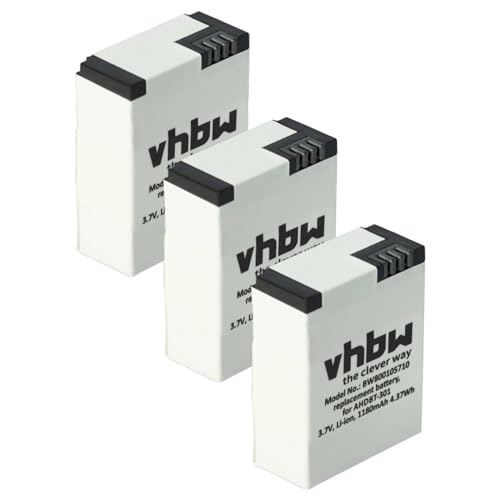 3 x vhbw Akku Set 1180mAh (3.7V) kompatibel mit GoPro Hero 3 III, 3 III CHDHX-301, 3+ III Plus Black, White, Silver, Edition Ersatz für AHDBT-201, AHDBT-301, AHDBT-302 von vhbw