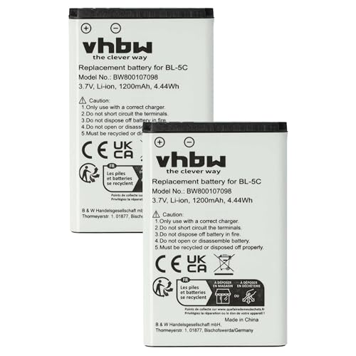 vhbw 2X Akku Ersatz für TB-BL5C, RCB215, RCB01P02, SIB-11, SIB-16, RCB405, RTR001F02 für Handy Smartphone Telefon (1200 mAh, 3,7 V, Li-Ion) von vhbw