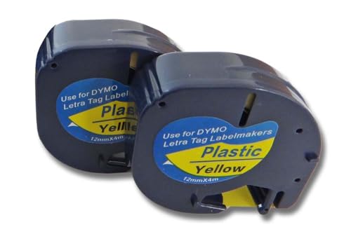 vhbw 2x Schriftband-Kassette kompatibel mit Dymo LetraTag LT-100H, LT-100T, QX50, XR Etiketten-Drucker 12mm Schwarz auf Gelb von vhbw