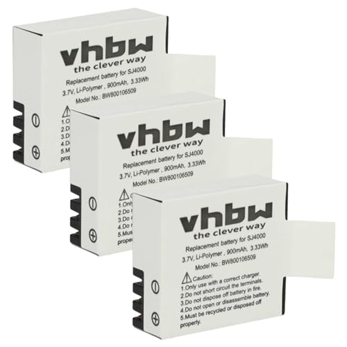 vhbw 3X Akku kompatibel mit Rollei Actioncam 220, 310, 330, 372, 415, 416, 425, 426, 510, 525, 540, 610, 625 Videokamera (900mAh, 3,7V, Li-Ion) von vhbw