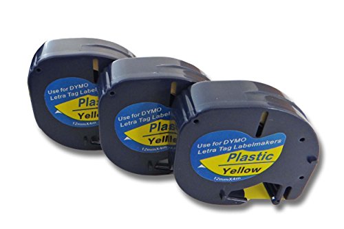 vhbw 3x Kassette Patronen Schriftband Plastik 12mm kompatibel mit Dymo LetraTag LT-100H, LT-100T, QX50, XR Ersatz für 91202. von vhbw