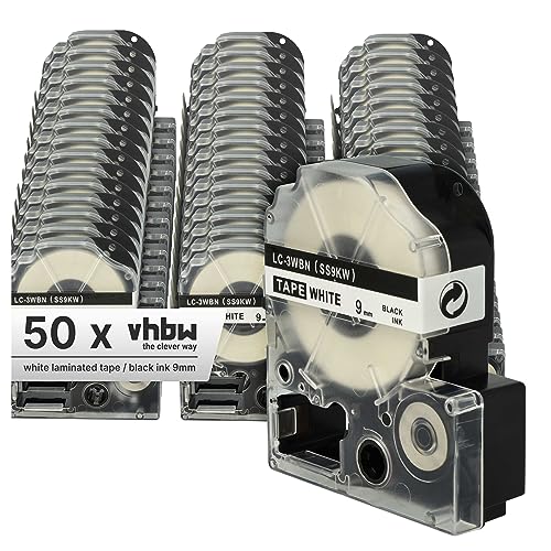 vhbw 50x Schriftband-Kassette kompatibel mit Epson LabelWorks LW-1000P, LW-600P, LW-500, LW-300, LW-400 Etiketten-Drucker 9mm Schwarz auf Weiß von vhbw