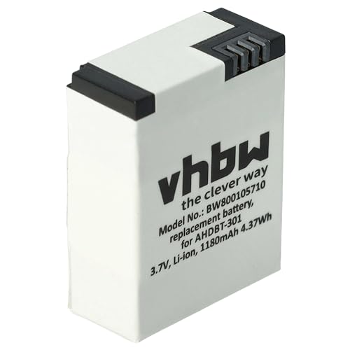 vhbw Akku 1180mAh kompatibel mit GoPro Hero 3 III CHDHX-301, 3+ III Plus Black White Silver Edition Ersatz für AHDBT-201 AHDBT-301 1ICP7/26/33-2 601-00724-00ACHDHN-301 von vhbw