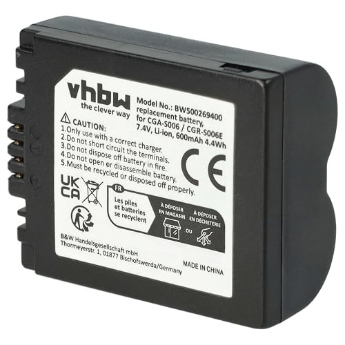 vhbw Akku Ersatz für Panasonic DMW-BMA7, CGA-S006E, CGR-S006E, CGA-S006, CGR-S006 für Kamera (600 mAh, 7,2 V, Li-Ion) von vhbw