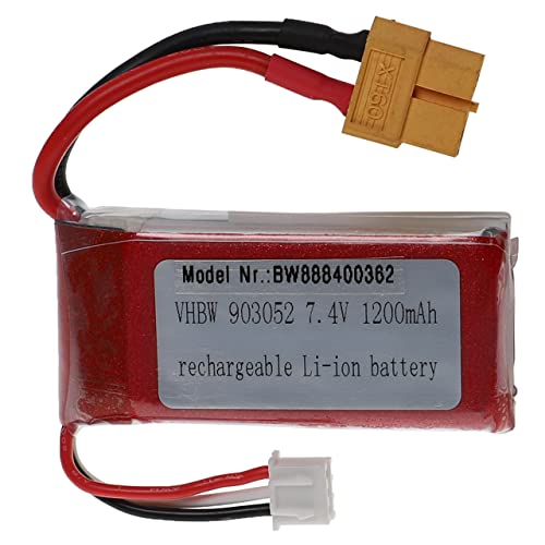 vhbw Akku kompatibel mit XT60 Stecker für Modellbau z.B. Racing Car, Helikopter, Flugzeug (1200mAh, 7,4V, Li-Polymer, 63 x 29 x 20 mm) von vhbw