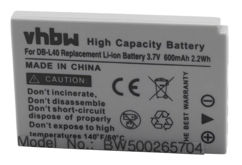 vhbw Kamera-Akku Ersatz für Baugleiche Originalteilebezeichnung Sanyo DB-L40, DB-L40AU für Kamera / Camcorder Digital (600mAh, 3,7V, Li-Ion) 600 mAh von vhbw