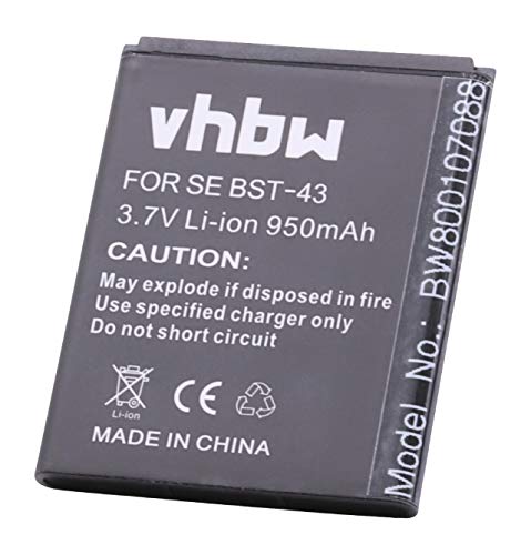 vhbw Li-Ion Akku 950mAh (3.7V) kompatibel mit Handy Smartphone Telefon Sony-Ericsson Cedar J108i, Elm J10i, Elm J10i2, Hazel J20i Ersatz für BST-43. von vhbw