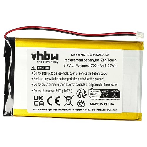 vhbw Li-Polymer Akku 1700mAh (3.7V) kompatibel mit MP3 Player Creative Zen Touch Jukebox 20GB, 40GB, 20, 40 GB ersetzt DAA-BA0004, DAP-HD0014 von vhbw