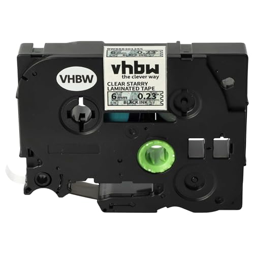 vhbw Schriftband-Kassette kompatibel mit Brother P-Touch 550, 900, 9000, 9400, 9600, D400 Etiketten-Drucker 6mm Schwarz auf Transparent (Glitter) von vhbw