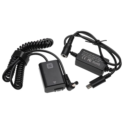 vhbw USB Netzteil kompatibel mit Sony Alpha ILCE-6000, ILCE-6300 Kamera, Digitalkamera, DSLR + DC Kuppler (Ersatz für Sony NP-FW50), 2m, Spiralkabel von vhbw